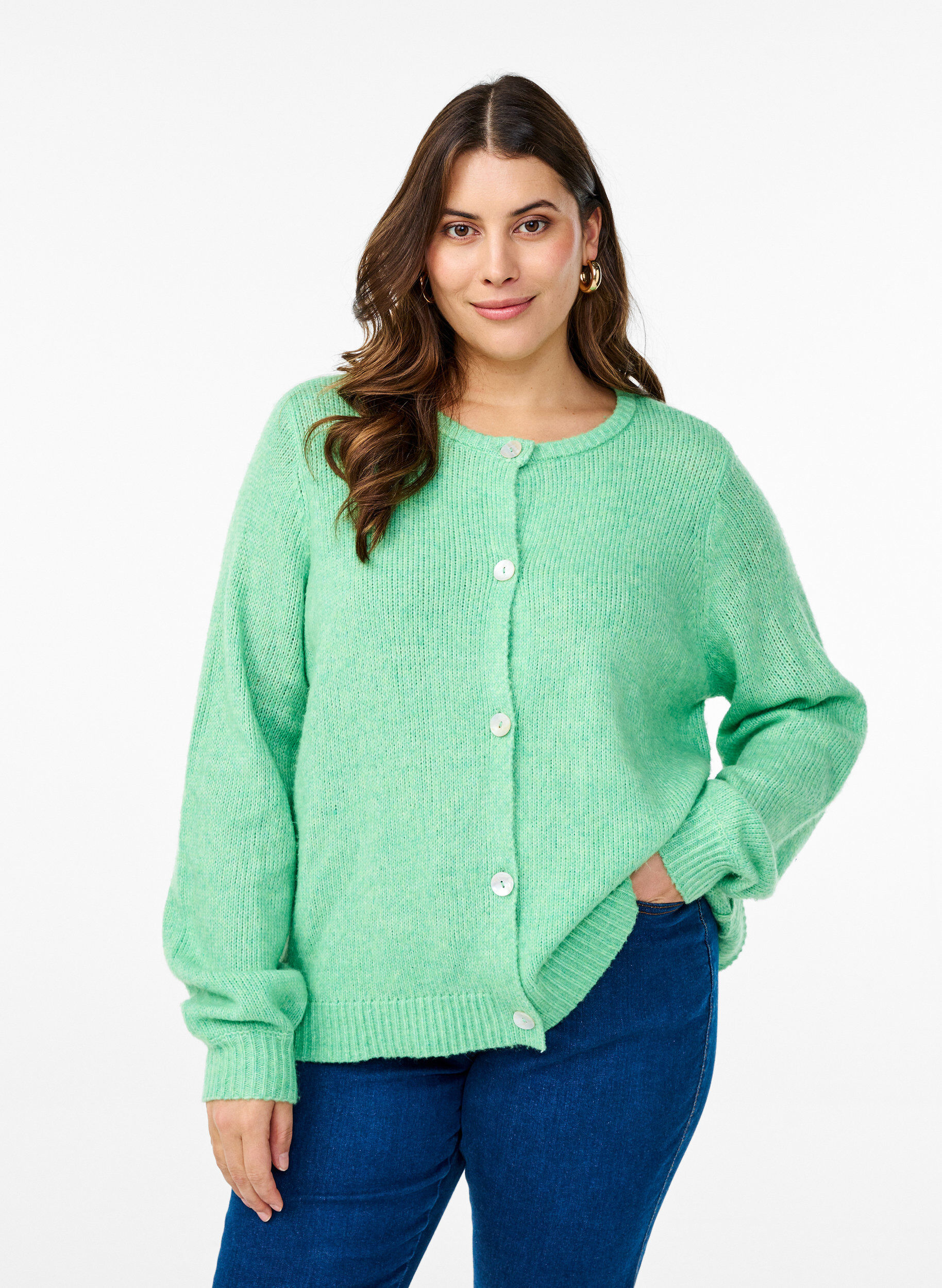 Zizzi Cardigan en maille comportant de la laine et des boutons, Light G. Green Mel., Model image number 0