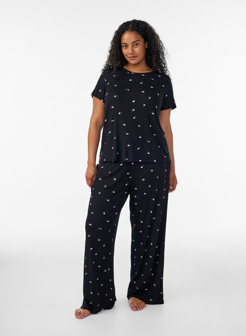 Bas de pyjama c&ocirc;tel&eacute; &agrave; imprim&eacute; floral, Noir, Model image number 1