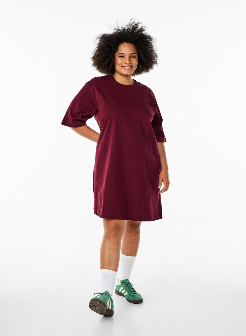 Robe t-shirt en coton jusqu'aux genoux, Bordeaux, Model image number 0