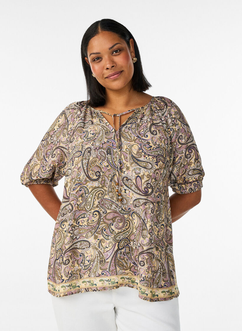 Blouse en viscose avec imprim&eacute; cachemire et lien &agrave; nouer, Jaune, Model image number 0