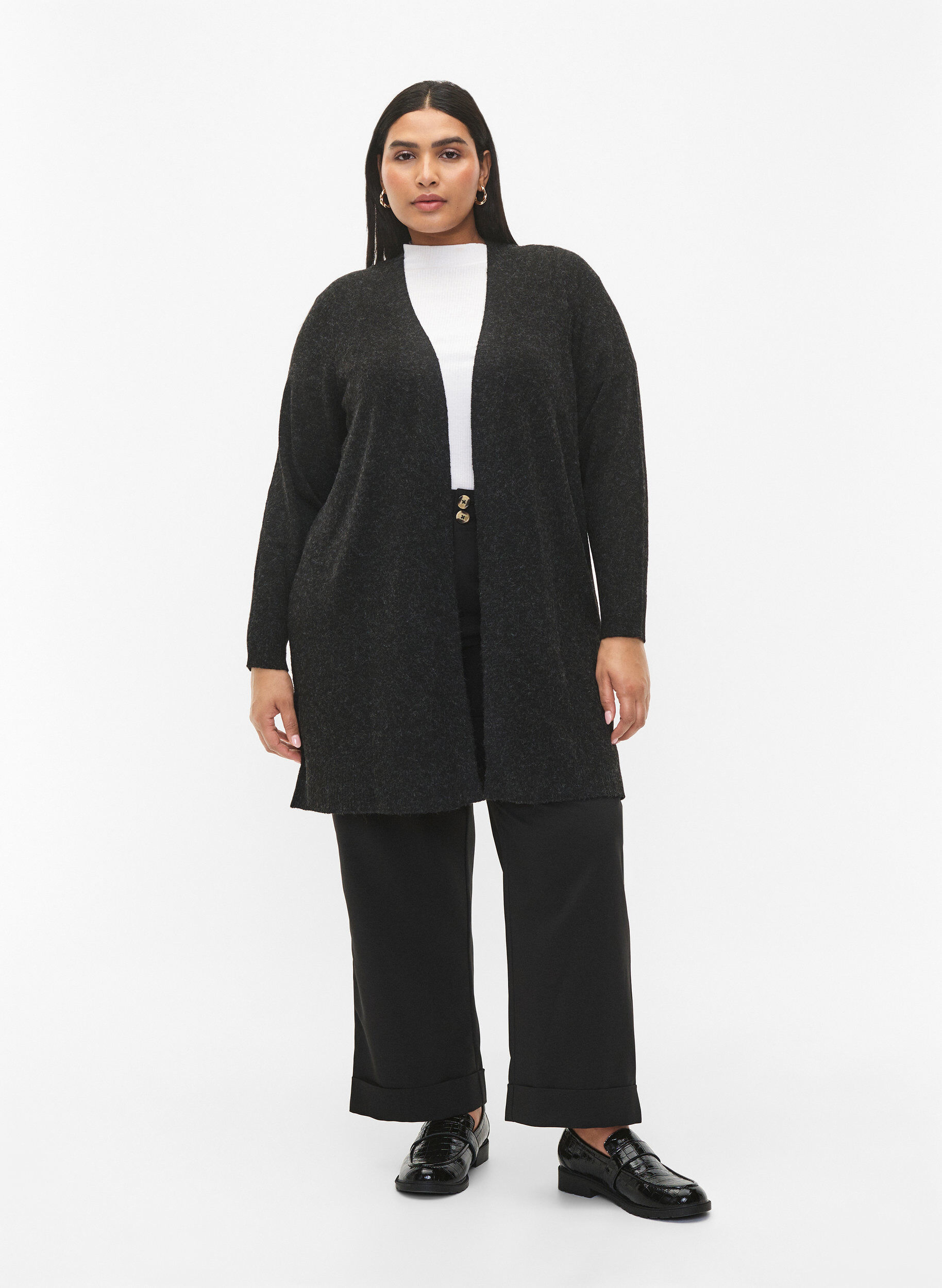 Zizzi Cardigan long ouvert &agrave; l'avant, Dark Grey Melange, Model image number 2