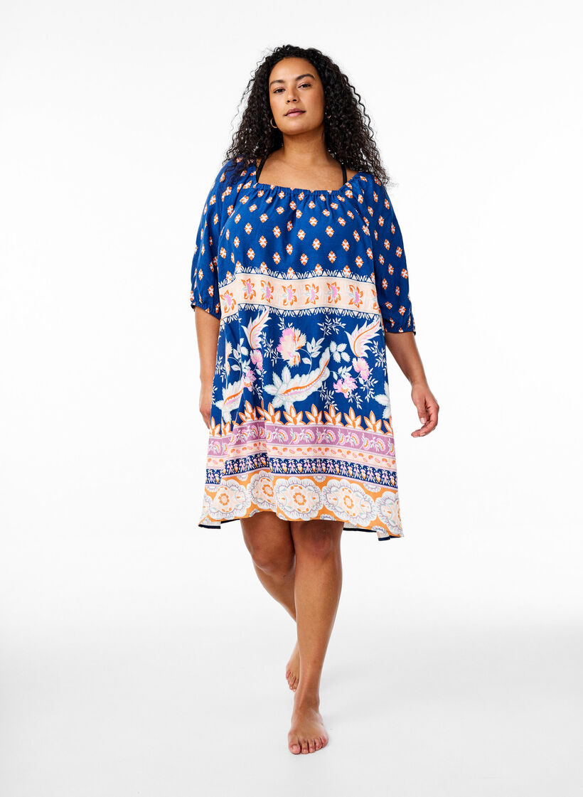 Robe de plage en viscose avec imprimé, Bleu, Model image number 1