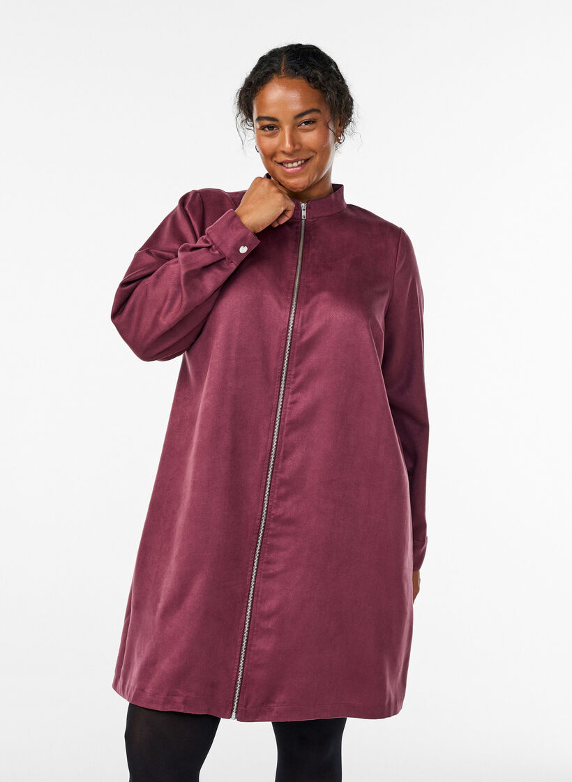 Longue chemise en faux suède avec fermeture éclair, Bordeaux, Model image number 0
