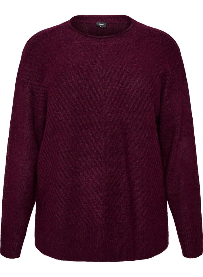 Blouse en maille avec motif c&ocirc;tel&eacute; en V et fentes, Bordeaux, Packshot image number 0