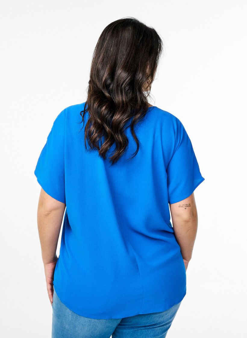 Blouse à manches courtes et encolure ronde, Bleu, Model image number 2