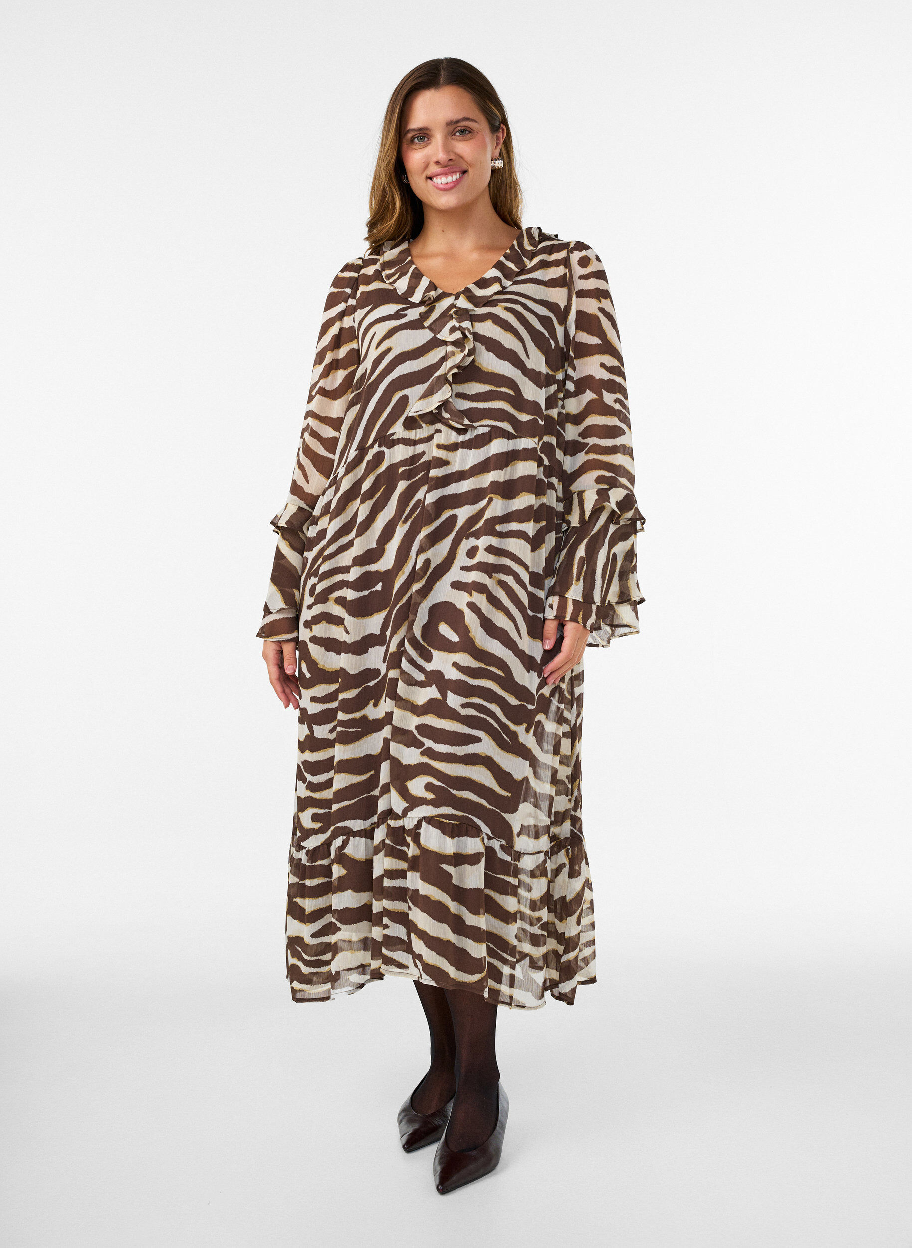ZizziRobe midi avec volants et col en V, Marron, Model image number 0