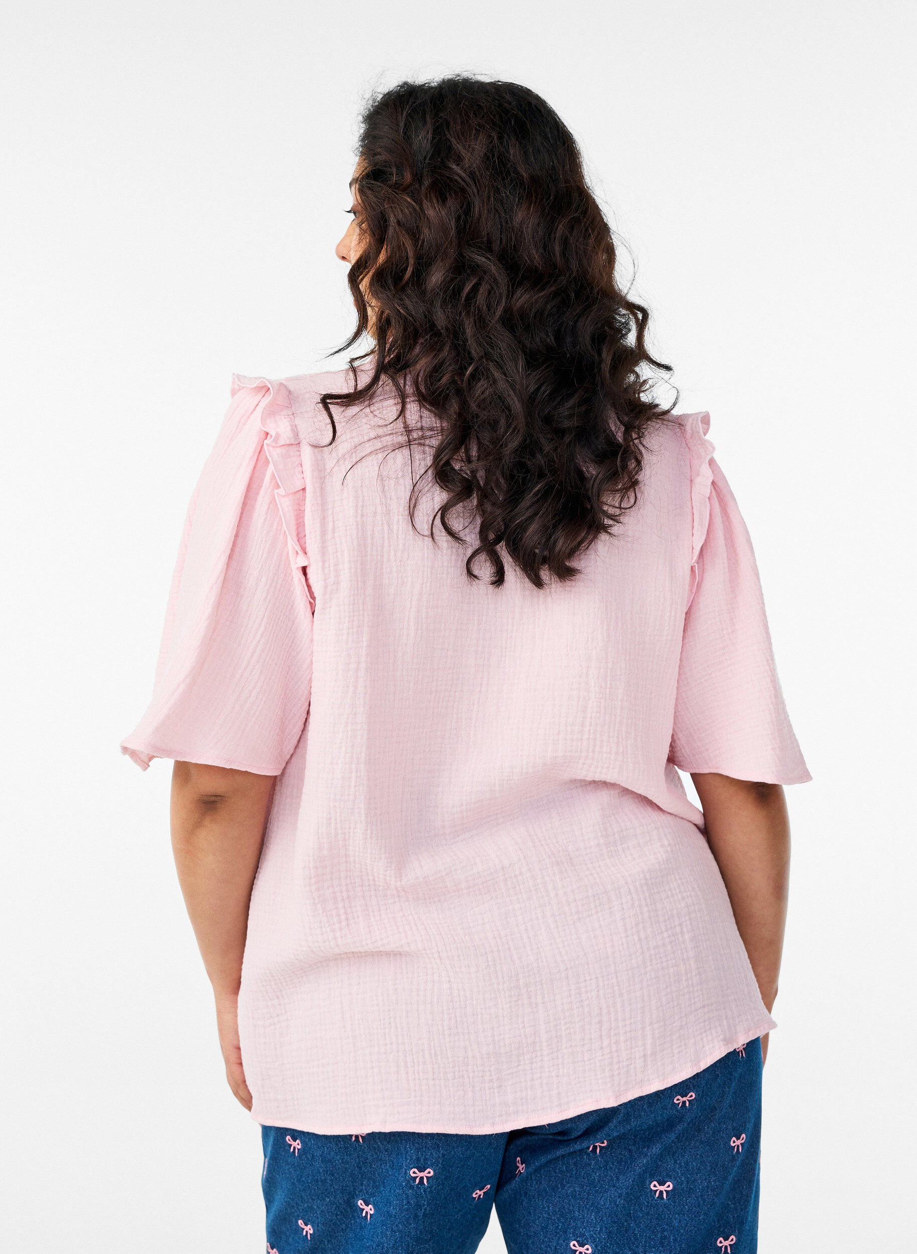 ZizziBlouse en mousseline de coton avec broderie anglaise et manches 1/2, Rose, Model image number 2