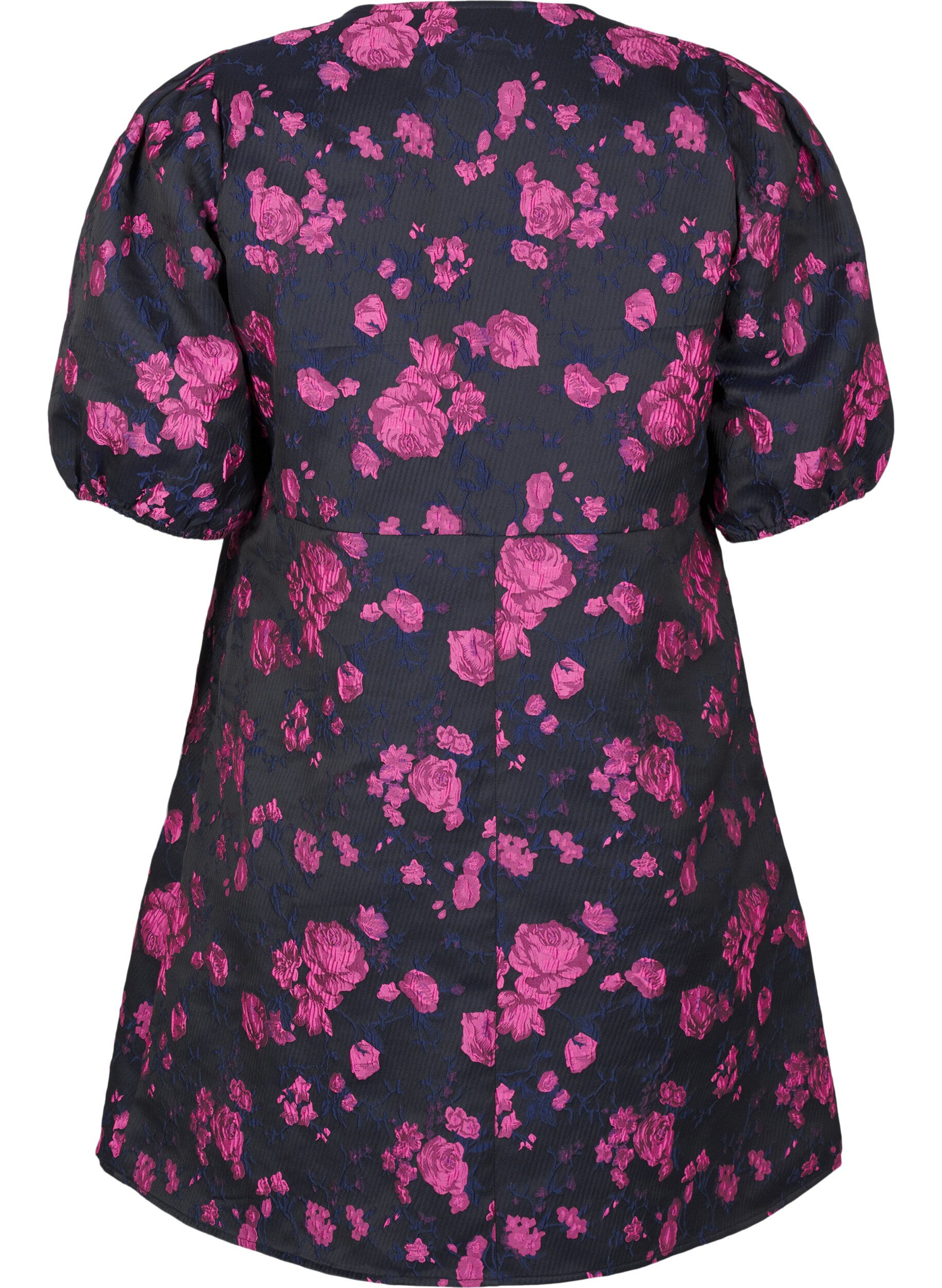 Zizzi Robe portefeuille courte en jacquard, Black w. Red Rose, Packshot image number 1