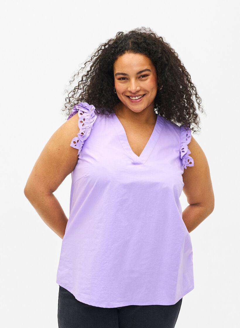 Top en coton sans manches avec volants, Violet, Model image number 0