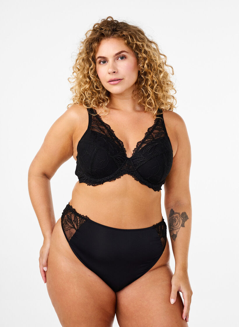 String en microfibre avec dentelle, Noir, Model image number 0