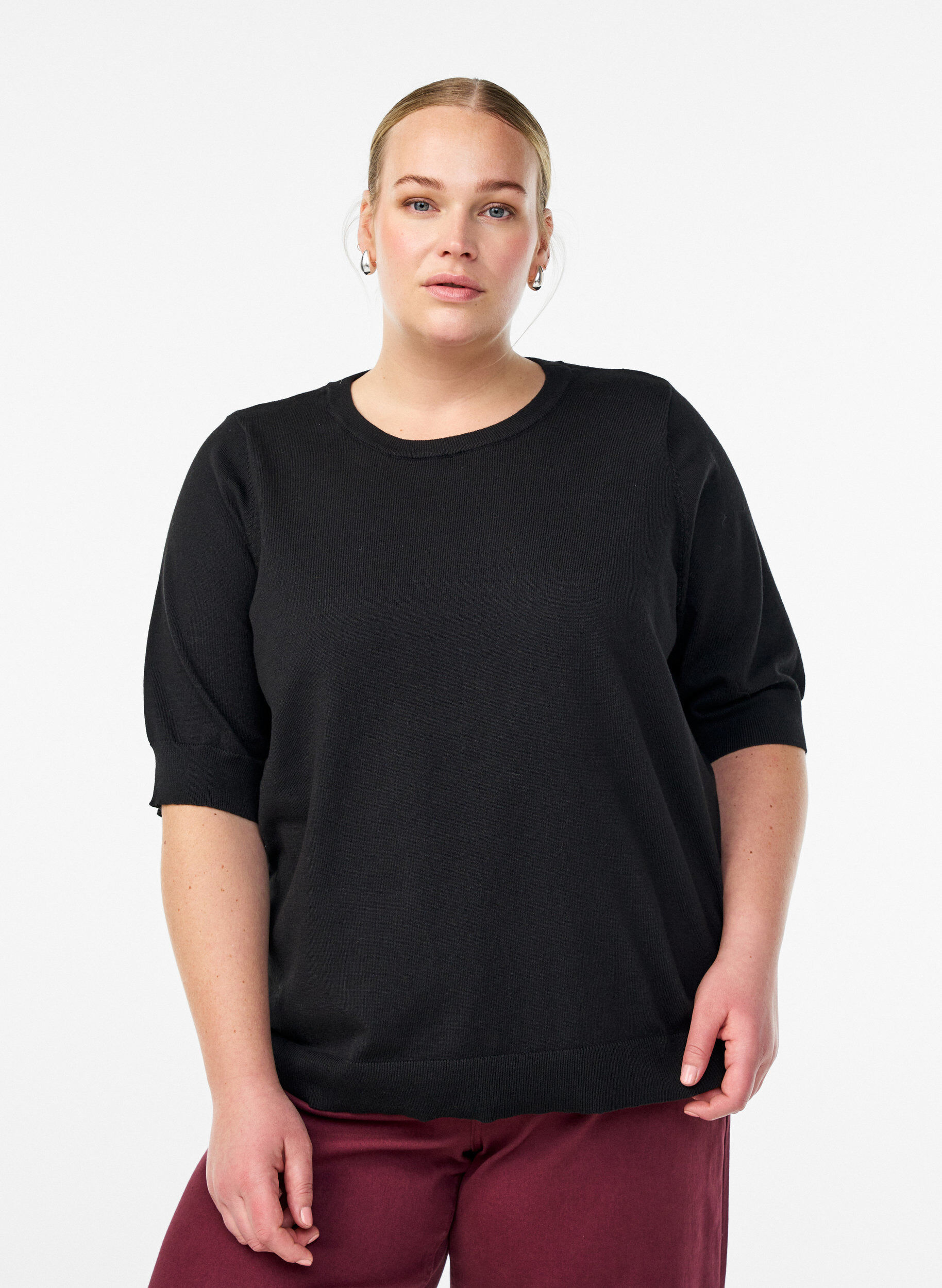 ZizziBlouse en fine maille &agrave; manches courtes, Noir, Model image number 0