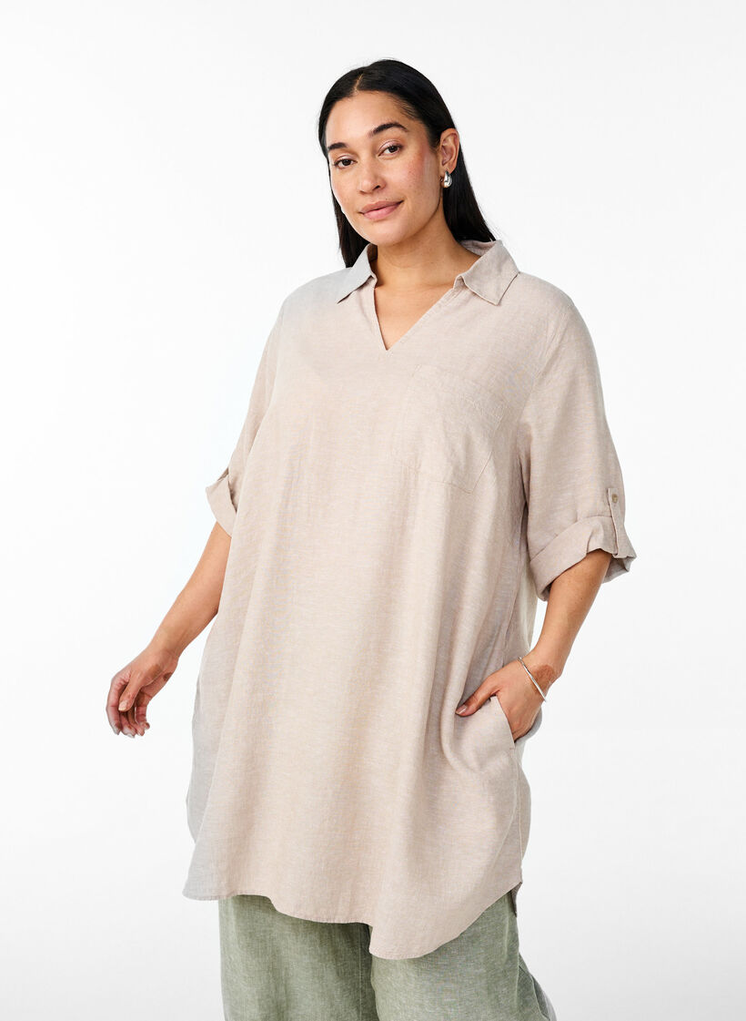 Tunique coupe trap&egrave;ze en lin et viscose, Beige, Model image number 0
