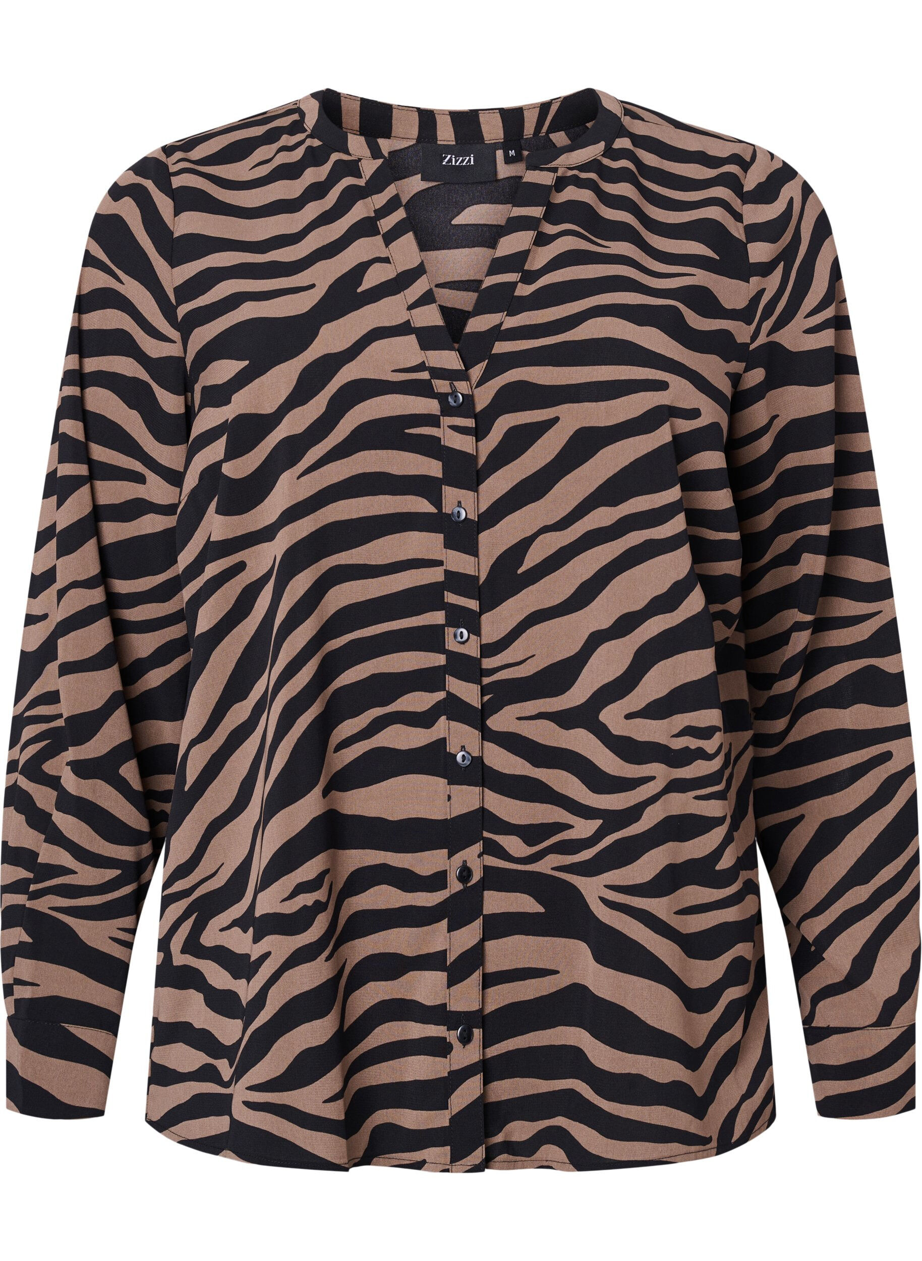 Zizzi Chemise &agrave; col en V avec imprim&eacute; z&egrave;bre, Black/Brown Zebra, Packshot image number 0