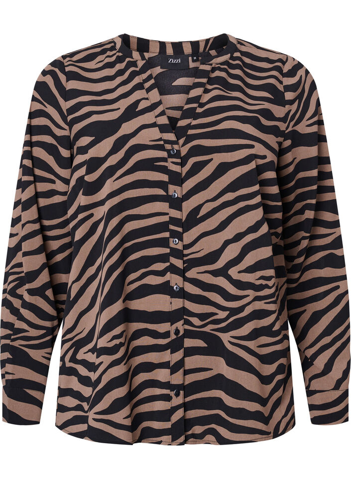 Chemise à col en V avec imprimé zèbre, Black/Brown Zebra, Packshot image number 0
