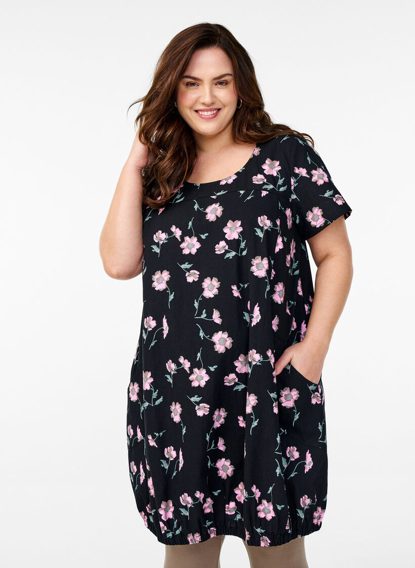 Robe en coton &agrave; manches courtes avec imprim&eacute;, Noir, Model image number 0
