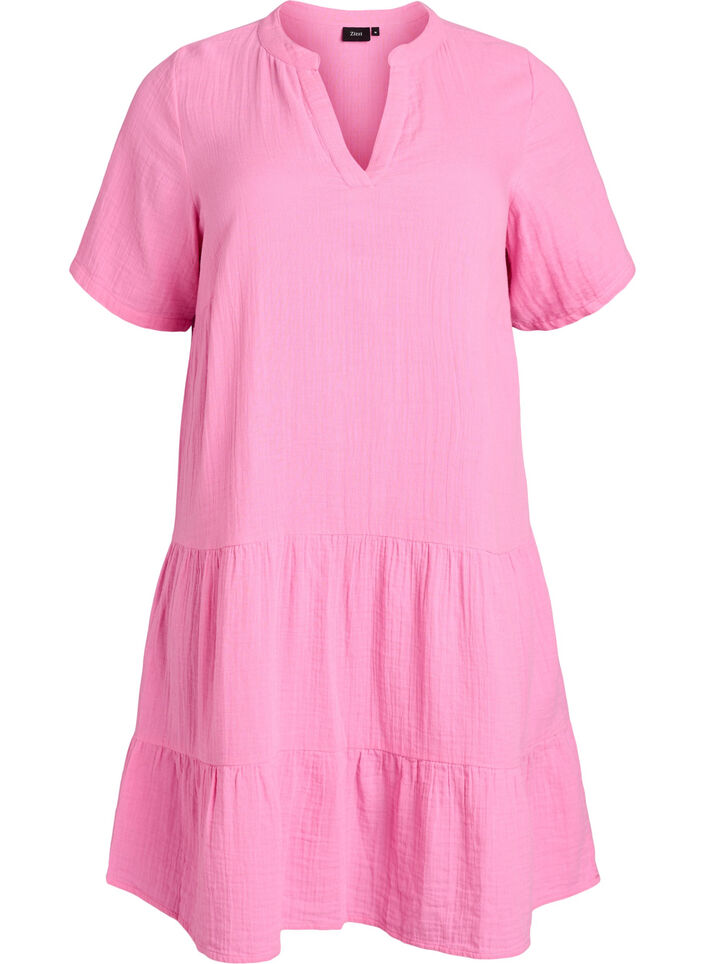 Robe courte &eacute;vas&eacute;e en mousseline de coton, Rose, Packshot image number 0