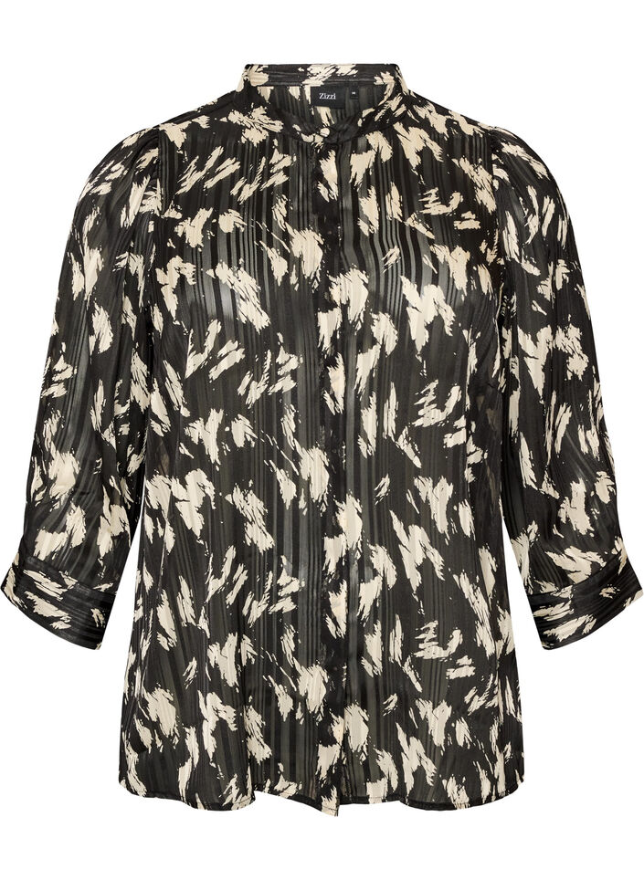 Chemise &agrave; motifs avec col montant et manches 3/4, Noir, Packshot image number 0