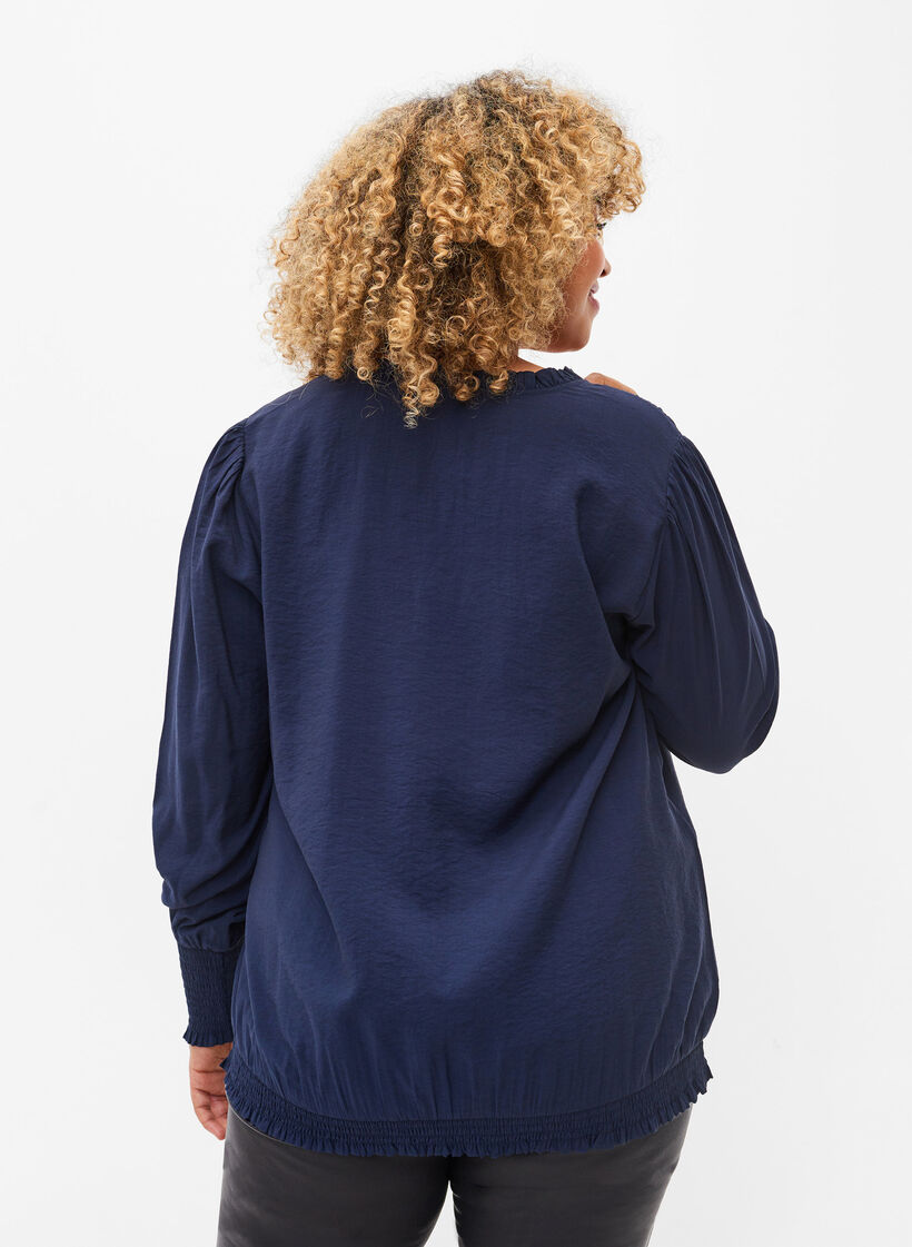 Blouse en viscose à manches longues et à smocks, Navy Blazer, Model image number 1