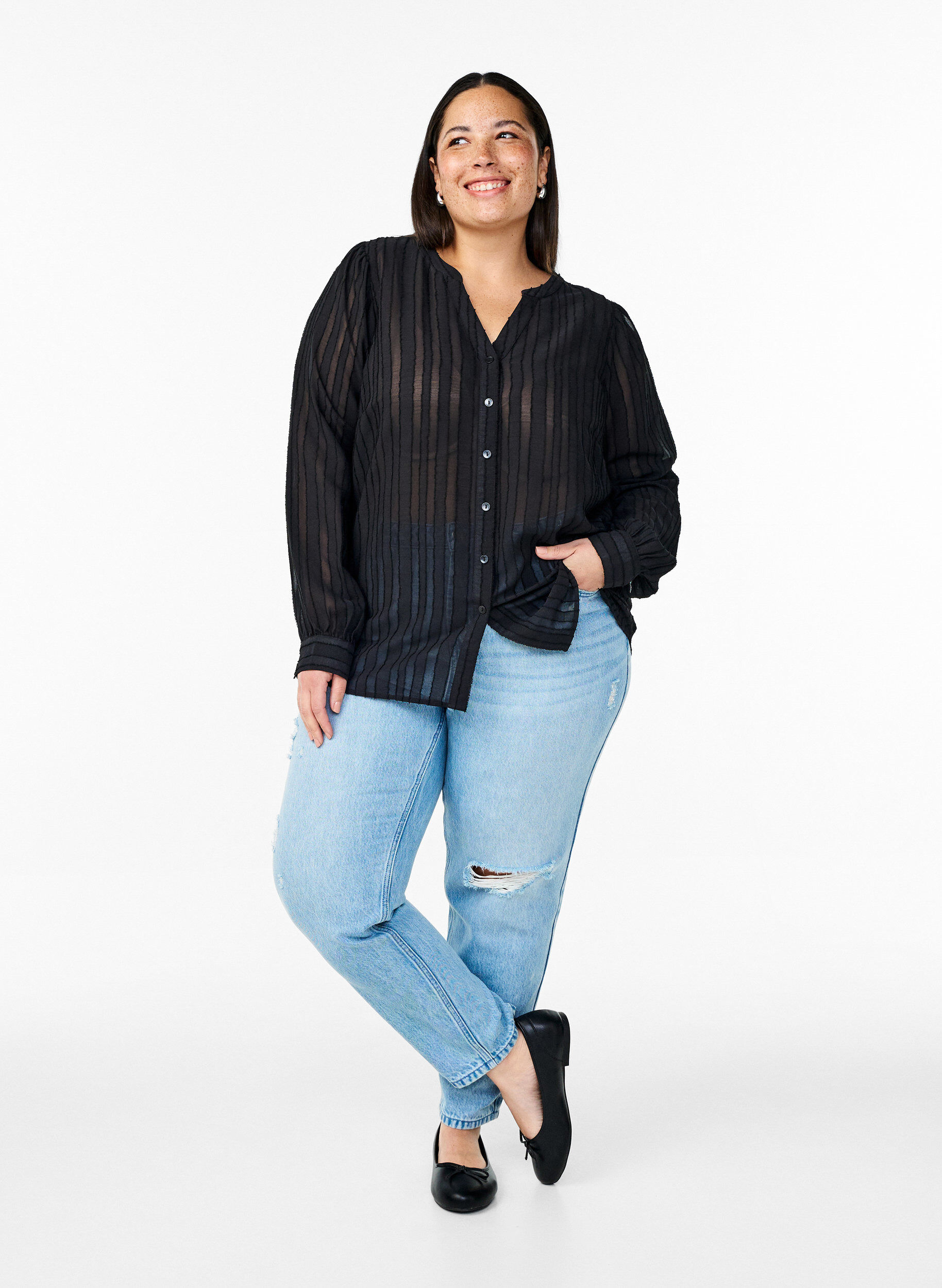 Zizzi Chemisier ray&eacute; &agrave; bandes transparentes, Noir, Model image number 1