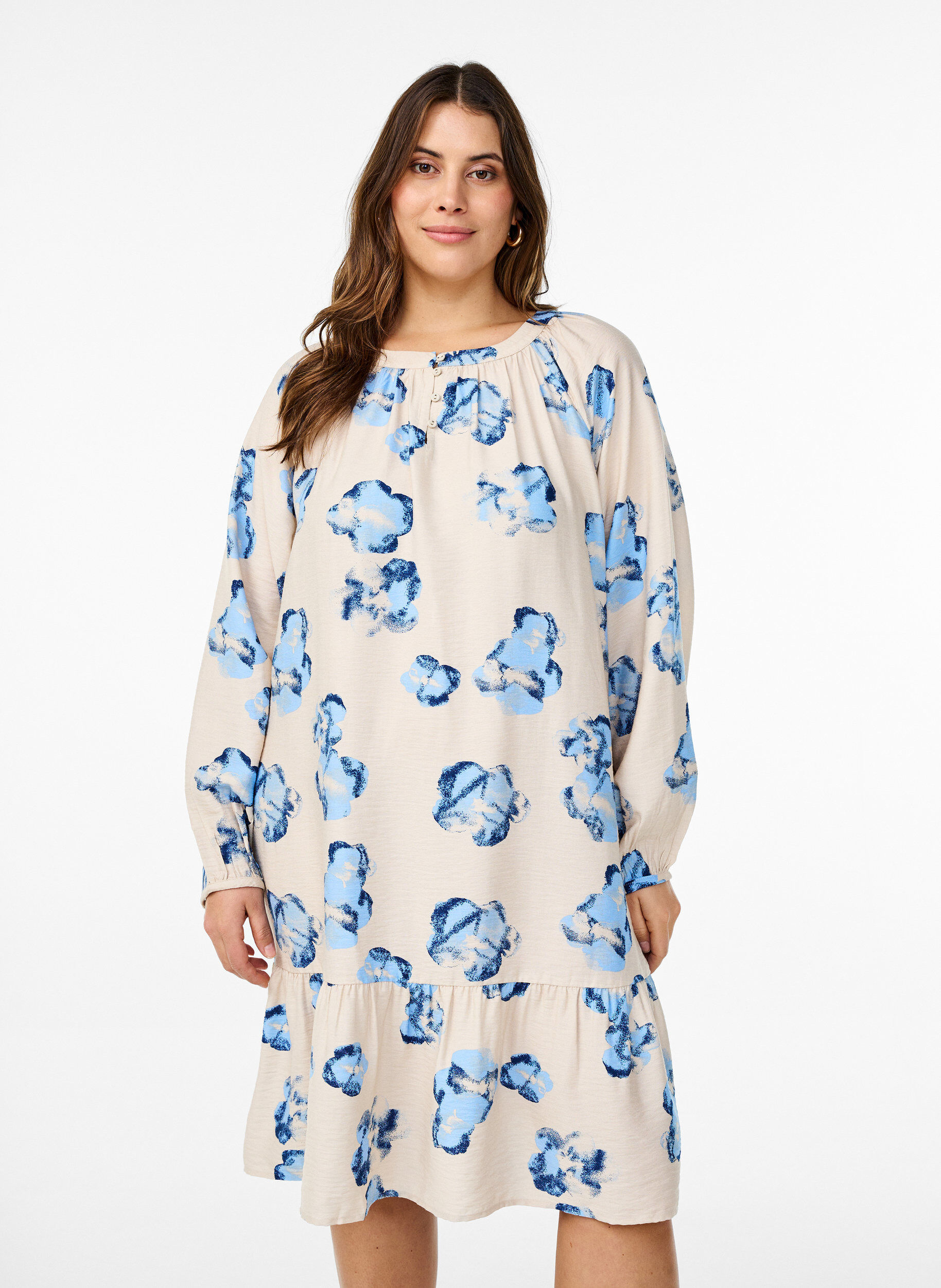 Zizzi Robe mi-longue avec manches longues et coupe trap&egrave;ze, Vanille, Model image number 0