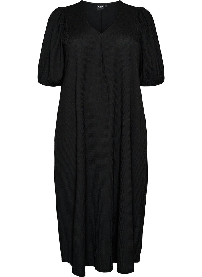 Robe midi avec col en V et texture, Noir, Packshot image number 0