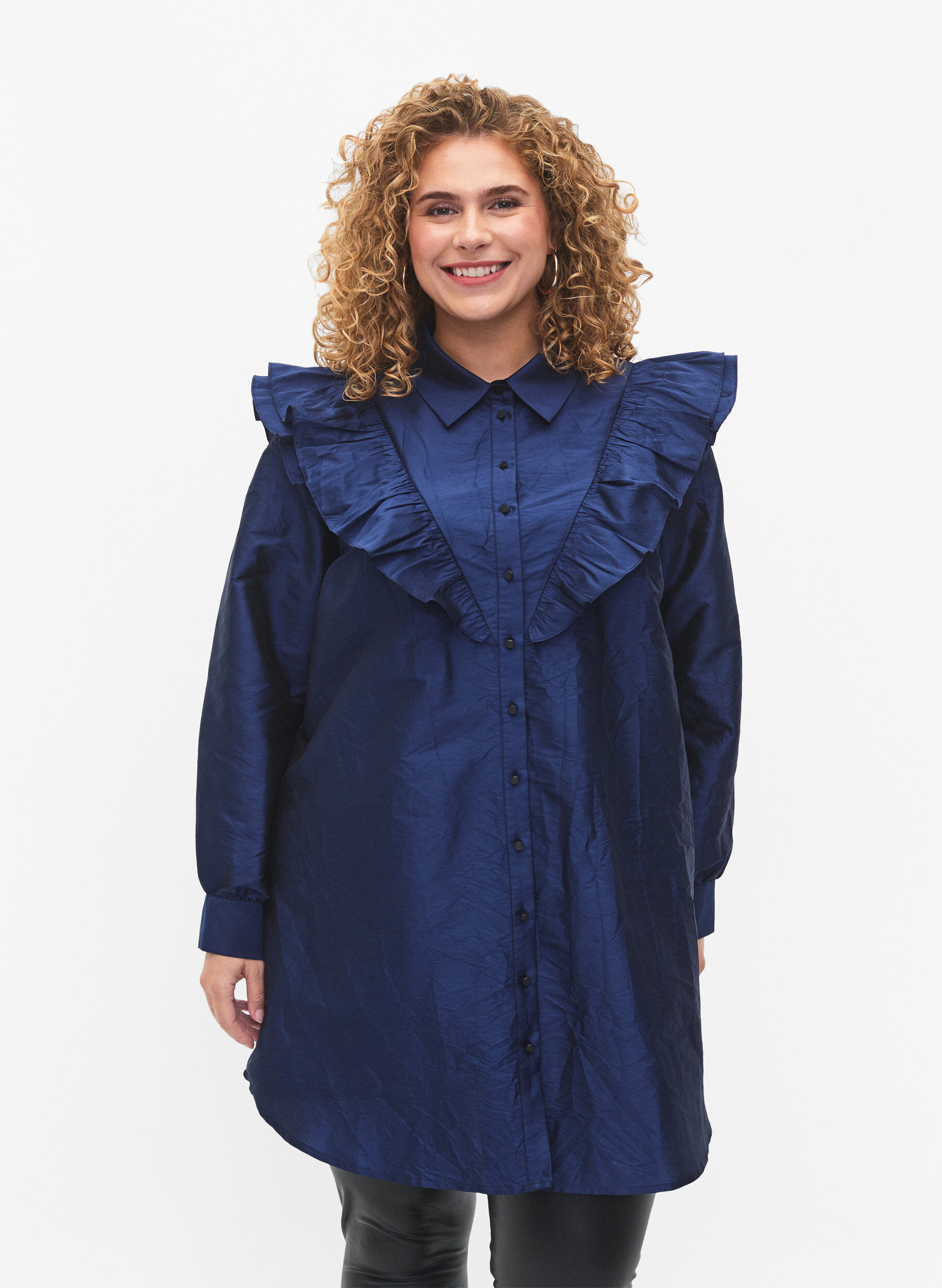 Zizzi Chemise de couleur unie avec d&eacute;tail en ruban, Titan, Model image number 0