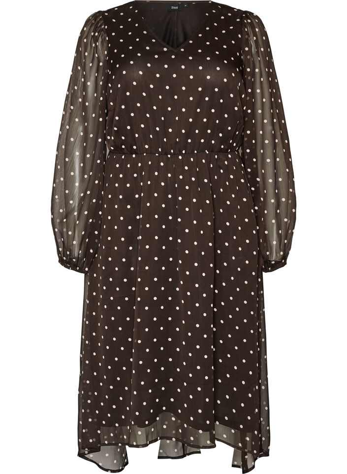 Robe en mousseline &agrave; pois et manches longues, Marron, Packshot image number 0