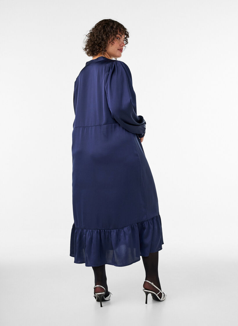 Robe en satin avec manches longues et col en V, Bleu, Model image number 1