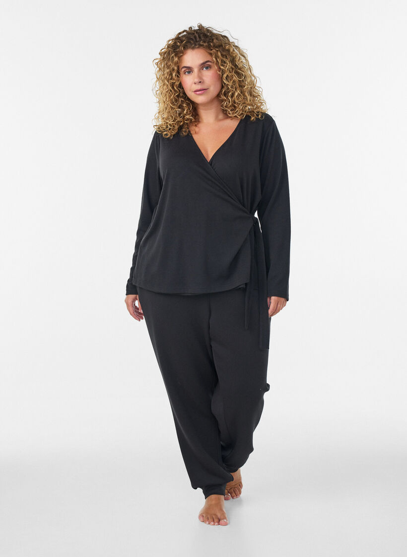 Blouse portefeuille en jersey avec lien &agrave; nouer, Noir, Model image number 1