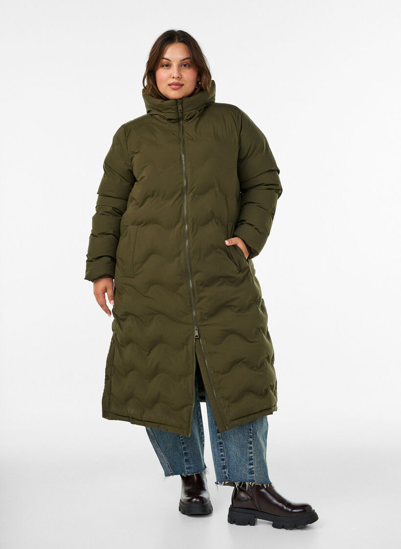 Doudoune longue &agrave; capuche avec motif vagues, Vert Kaki, Model