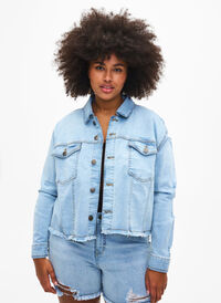 Veste en jean courte avec effet usé, Light Blue Denim, Model