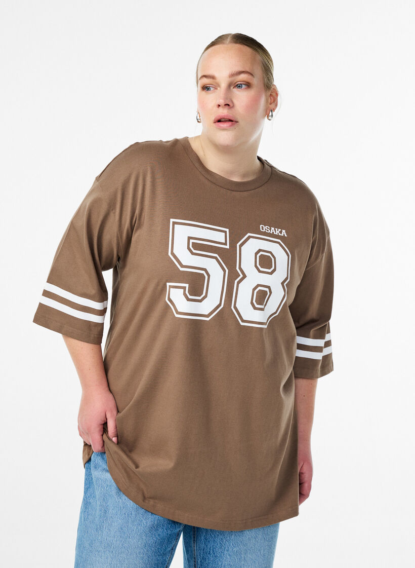 T-shirt college oversize à manches 3/4, Marron, Model image number 0