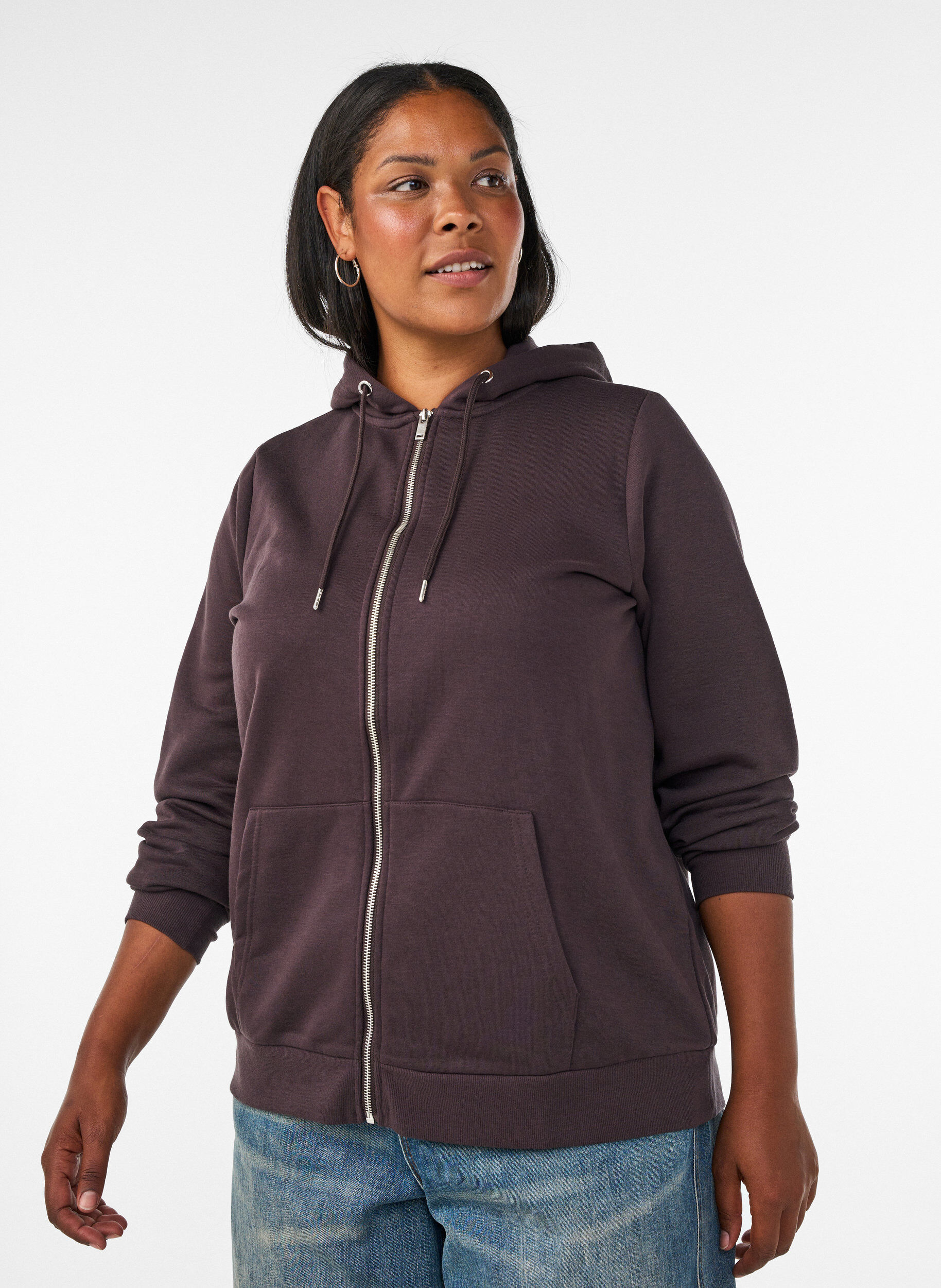 Sweat &agrave; capuche zipp&eacute; avec poches, Marron, Model
