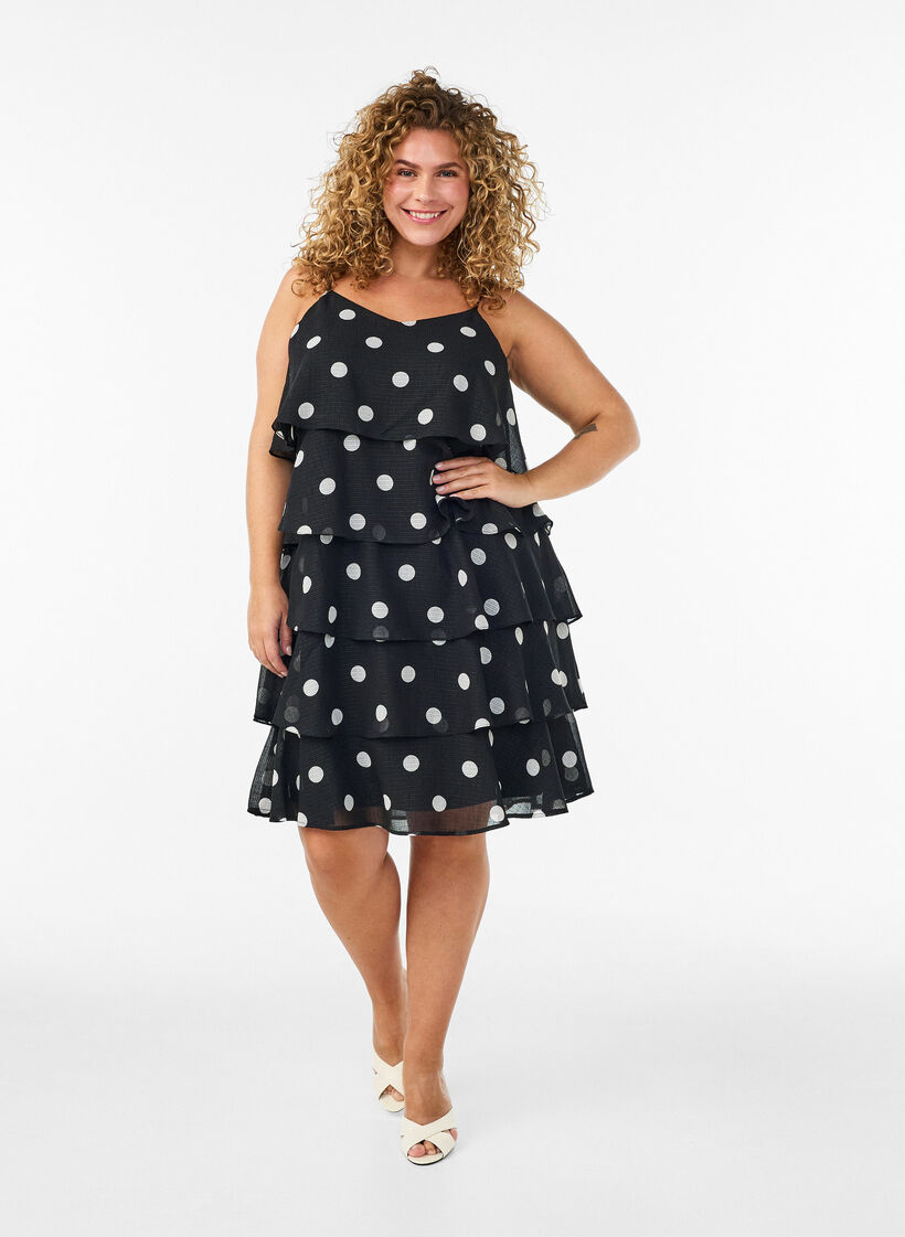 Robe &agrave; volants superpos&eacute;s avec fines bretelles, Noir, Model image number 1