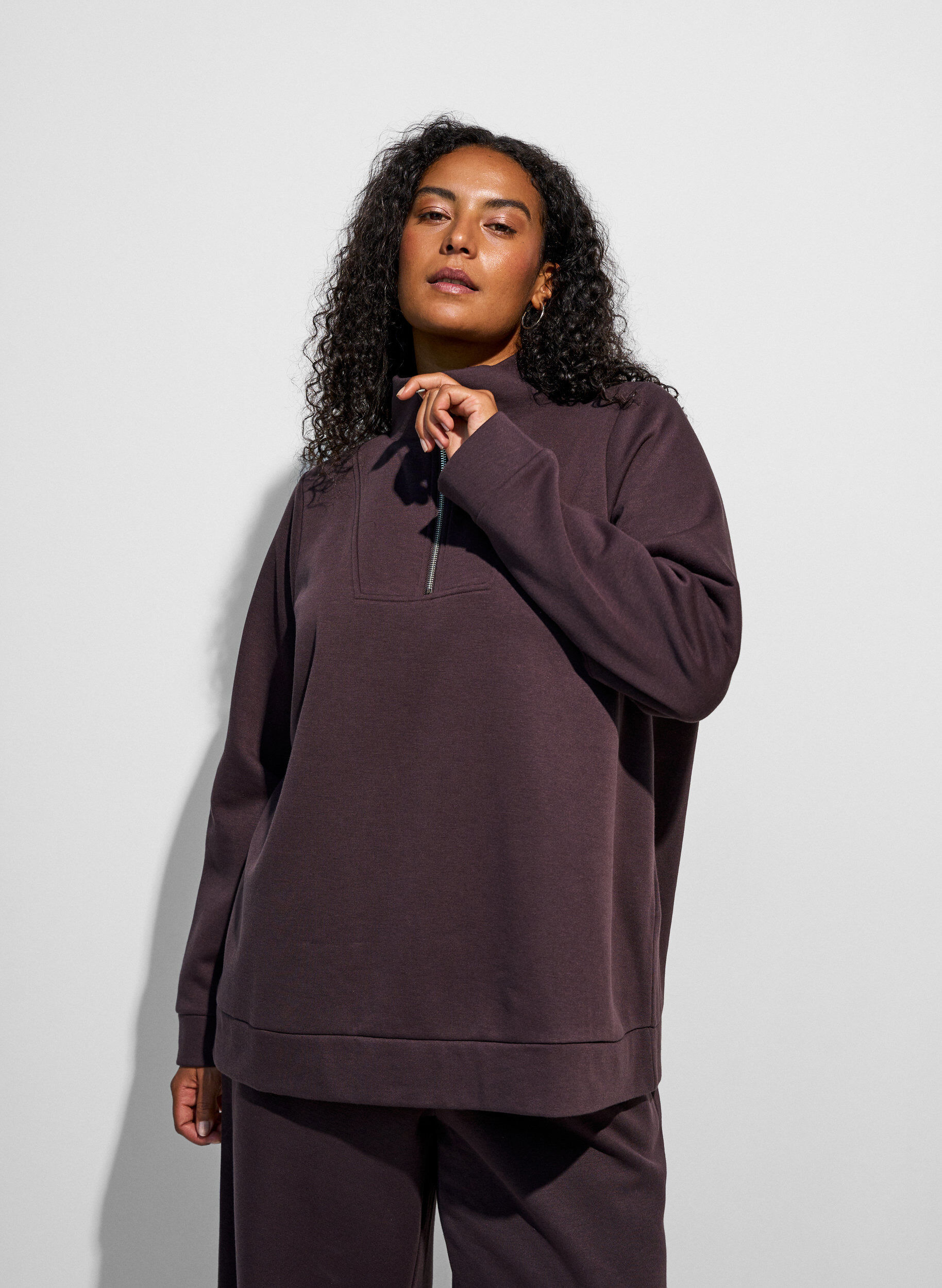ZizziSweat-shirt avec col montant et fermeture zipp&eacute;e, Marron, Model image number 3
