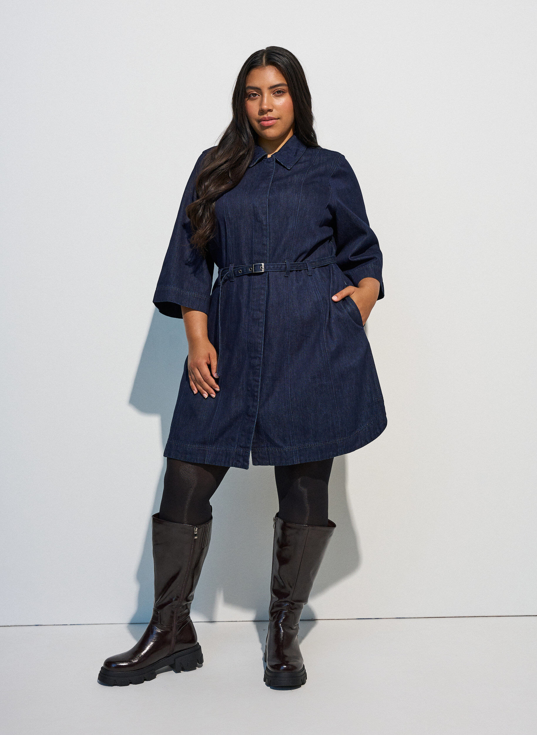 ZizziRobe en jean avec ceinture et manches 3/4, Bleu, Model image number 1