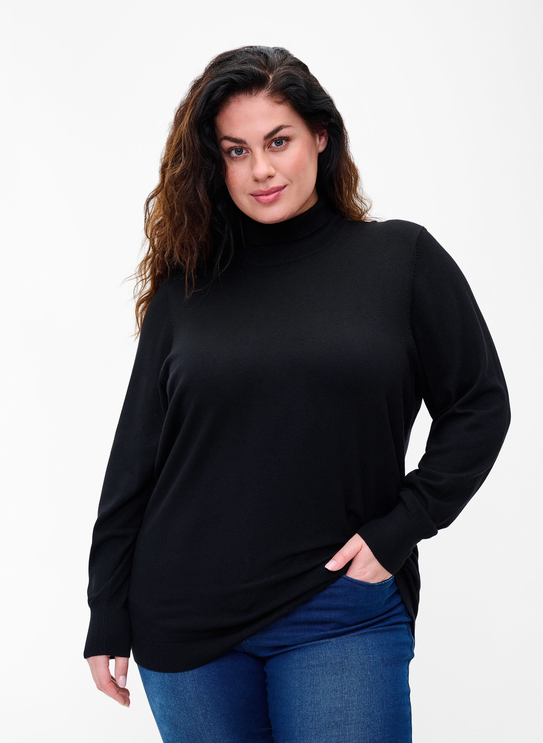 Zizzi Blouse en viscose &agrave; col roul&eacute;, Black, Model image number 0