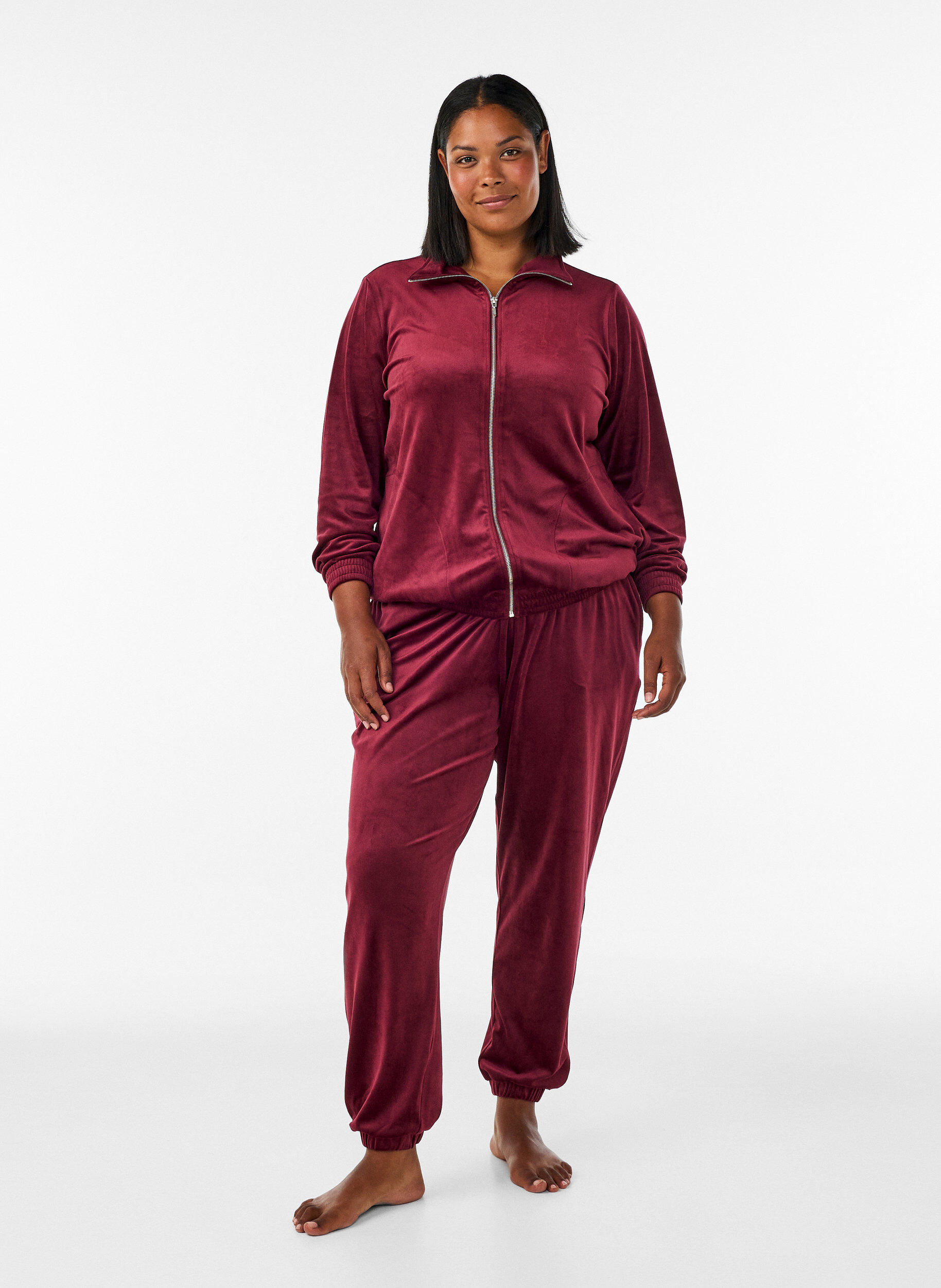 ZizziCardigan en velours doux avec fermeture zipp&eacute;e et col montant, Bordeaux, Model image number 1