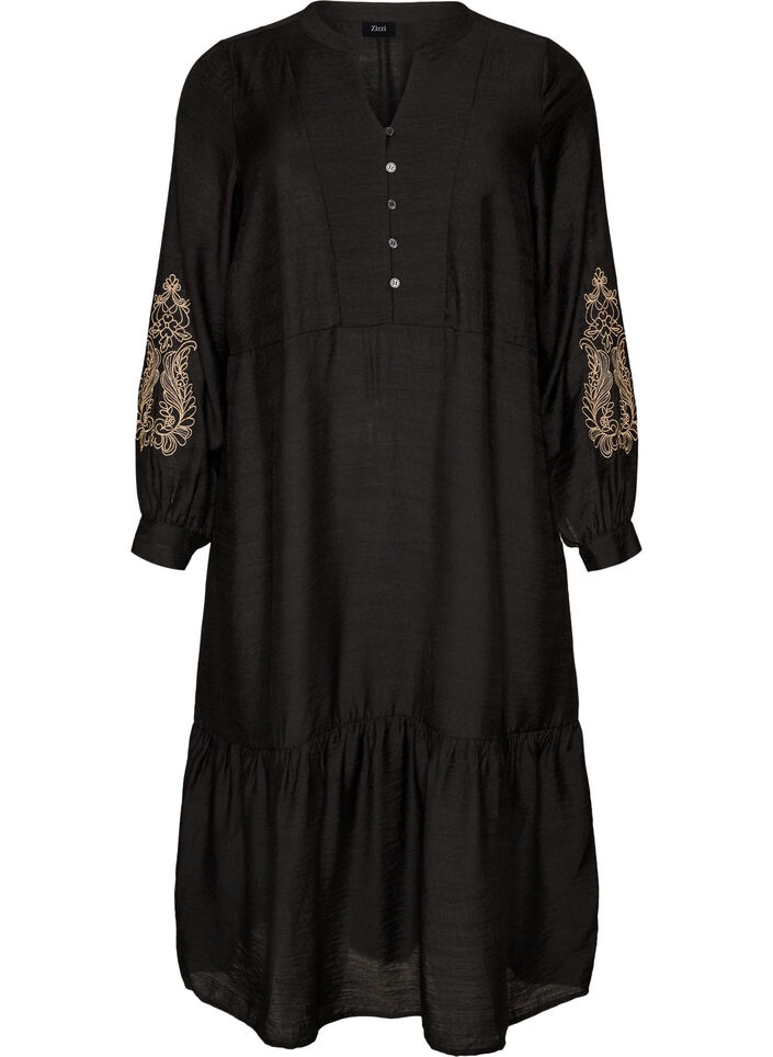 Robe en viscose avec broderies et volants &eacute;tag&eacute;s, Noir, Packshot image number 0