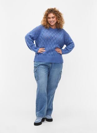 Chemisier tricoté à manches longues avec motif à trous, Blue Bonnet, Model image number 2