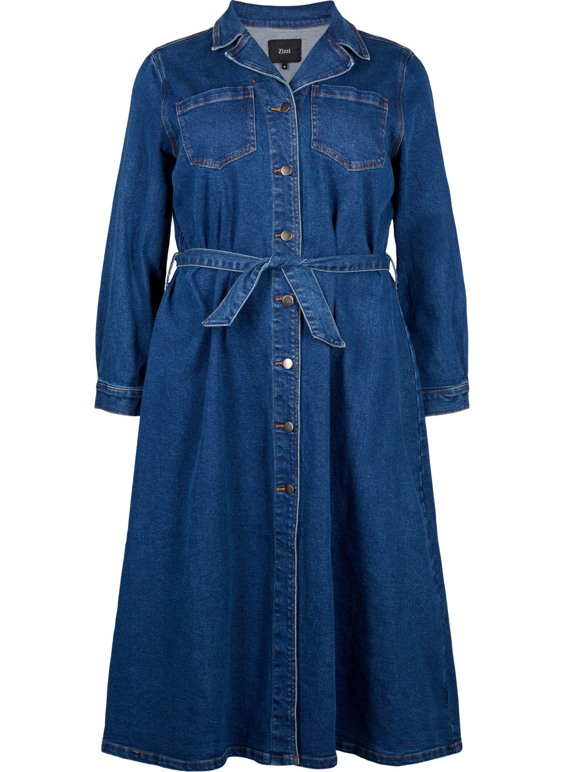 Zizzi Robe chemise midi en denim avec ceinture, Dark Blue Denim, Packshot image number 0