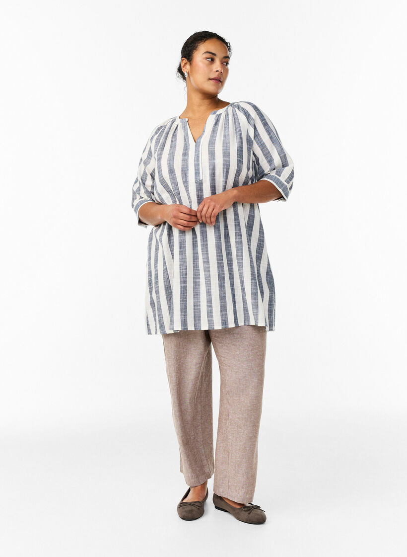 Tunique en coton avec un col en V, Bleu, Model image number 1