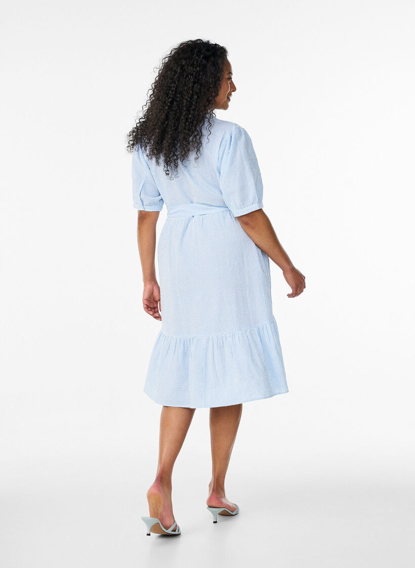 Robe midi &agrave; rayures en coton avec ceinture &agrave; nouer, Blanc, Model image number 2