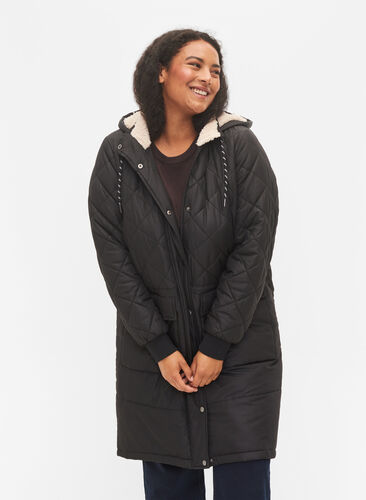 Veste matelassée à capuche et taille ajustable, Black, Model image number 0