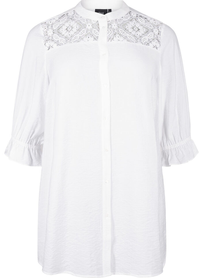 Chemise longue en viscose avec détail en dentelle, Bright White, Packshot image number 0