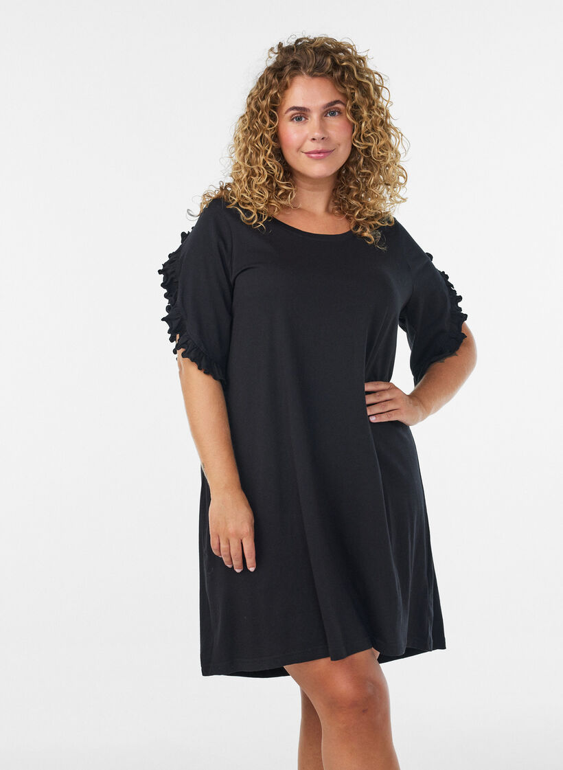 Chemise de nuit en coton bio avec manches &agrave; volants, Noir, Model image number 0