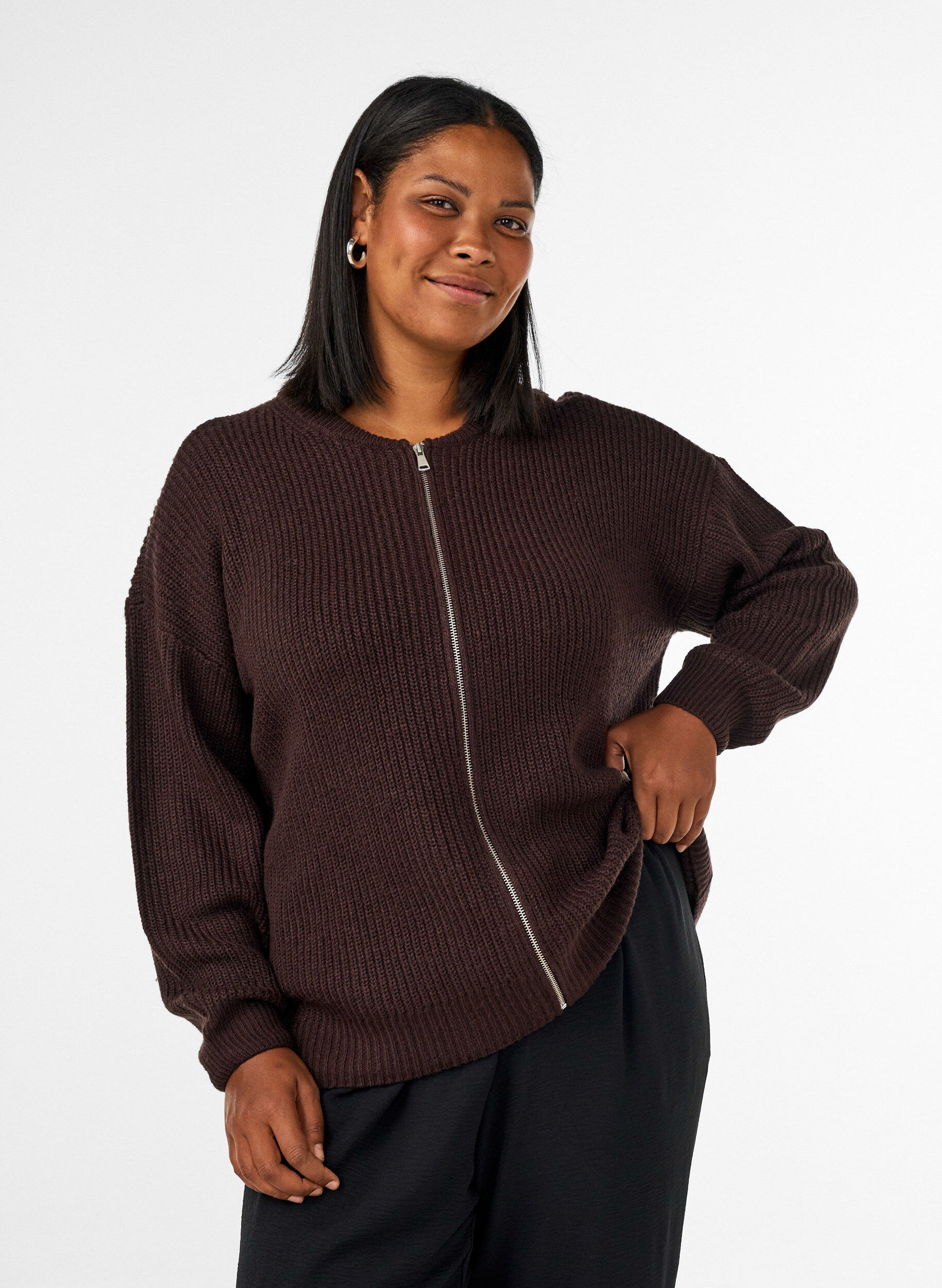 ZizziCardigan en maille avec zip, Marron, Model image number 0