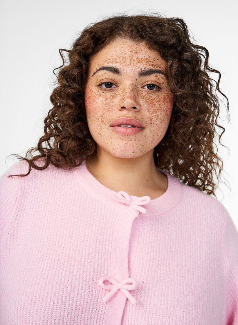 Cardigan en maille &agrave; manches courtes avec des n&oelig;uds, Rose, Model image number 3