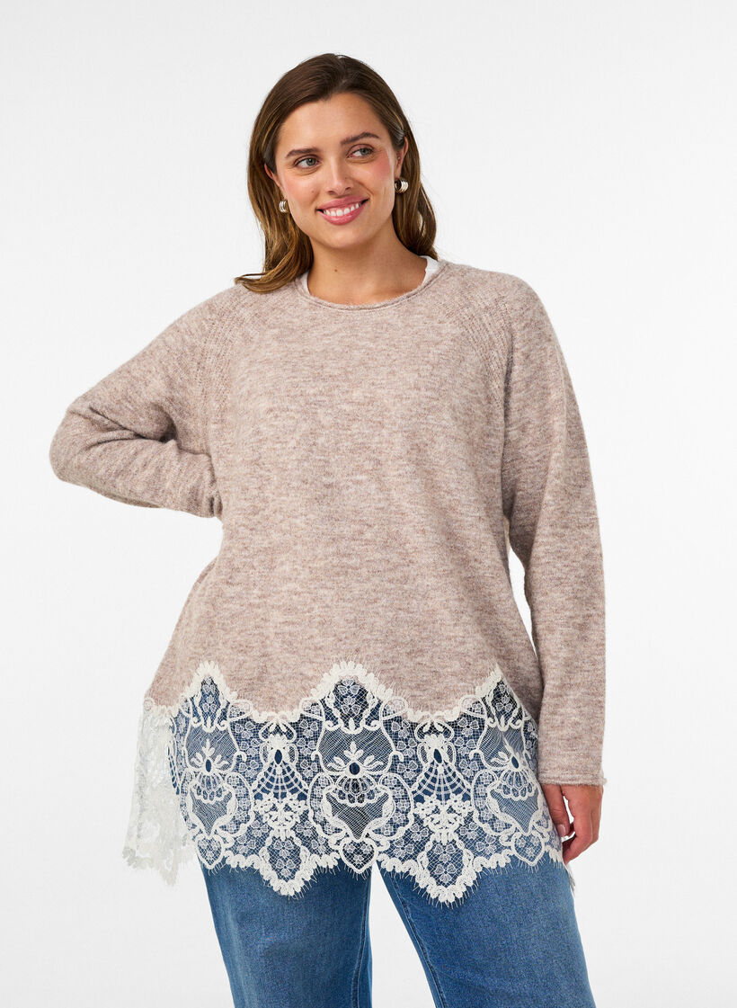 Pull en maille &agrave; manches raglan et large bordure en dentelle, Beige, Model image number 0