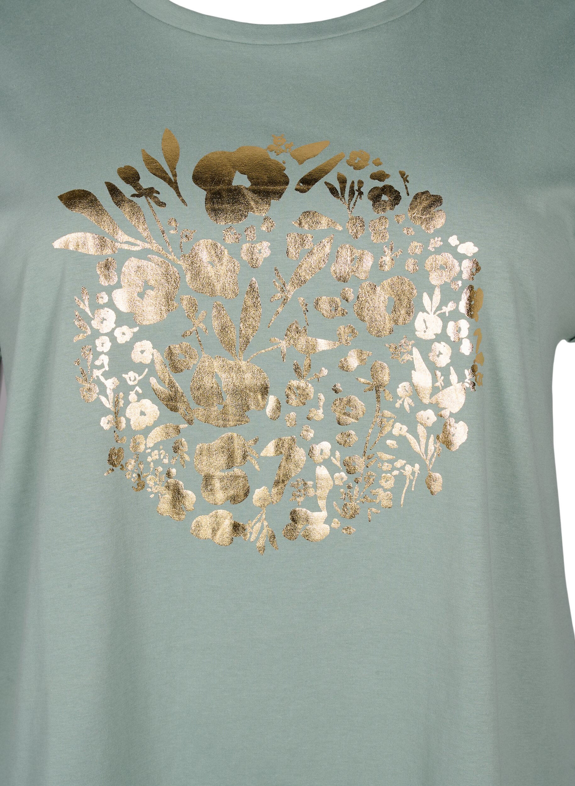 Zizzi T-shirt en coton biologique avec imprim&eacute; dor&eacute;, Ch.Green Gold Flower, Packshot image number 2